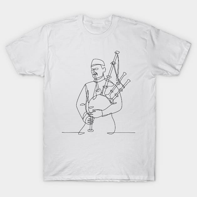 Scottish Bagpiper Playing Bagpipe Continuous Line Drawing Black and White T-Shirt by patrimonio